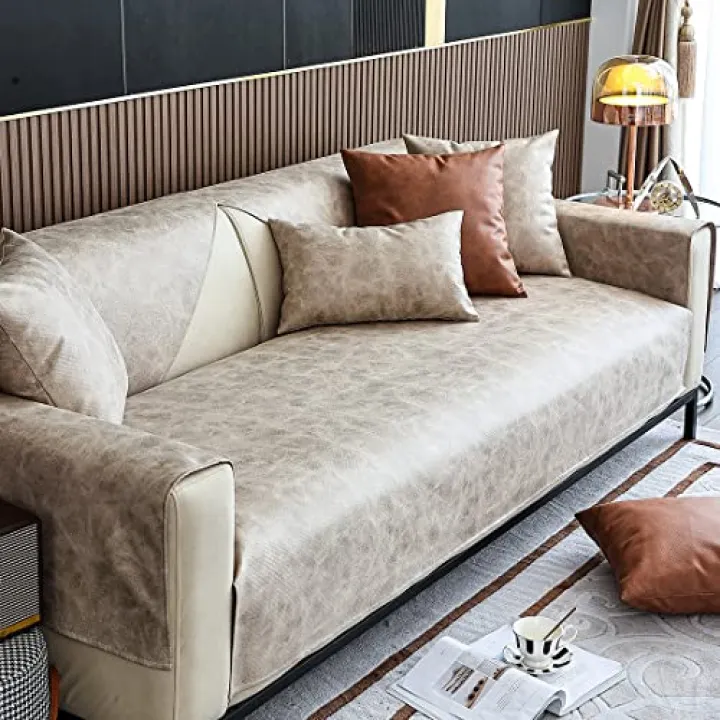 XSlive Faux Leather Waterproof Couch Sofa Cover Vintage PU Sectional Couch Cover Non Slip Sofa Slipcover Furniture Protector for Kids Dogs Cats (Cream,36"x36")