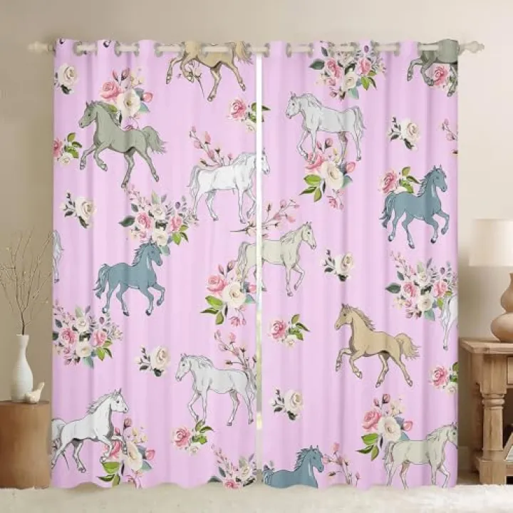 Erosebridal Horse Curtains 38"x45",2 Panels Rose Blackout Curtains for Girls Boys Kids Teens Western Cowboy Cowgirls Wild Animal Floral Curtains & Drapes Cute Horses Flower Window Drapes, Pink