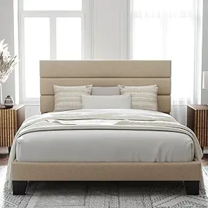 Allewie Queen Size Platform Bed Frame with Fabric Upholstered Headboard and Wooden Slats Support, Fully Upholstered Mattress Foundation/No Box Spring Needed/Easy Assembly, Beige