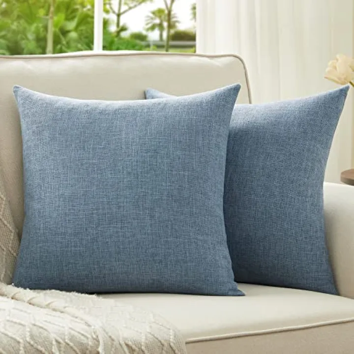Anickal Set of 2 Grey Blue Pillow Covers 24x24 Inch Rustic Linen Square Decorative Throw Pillow Covers for Sofa Couch Farmhouse Home Decorations