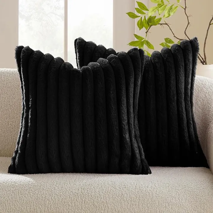 MIULEE Faux Fur Plush Decorative Throw Pillow Covers Set of 2 Luxury Soft Fluffy Striped Pillowcases Cushion for Sofa Couch Bed Living Room Black 20x20 Inch
