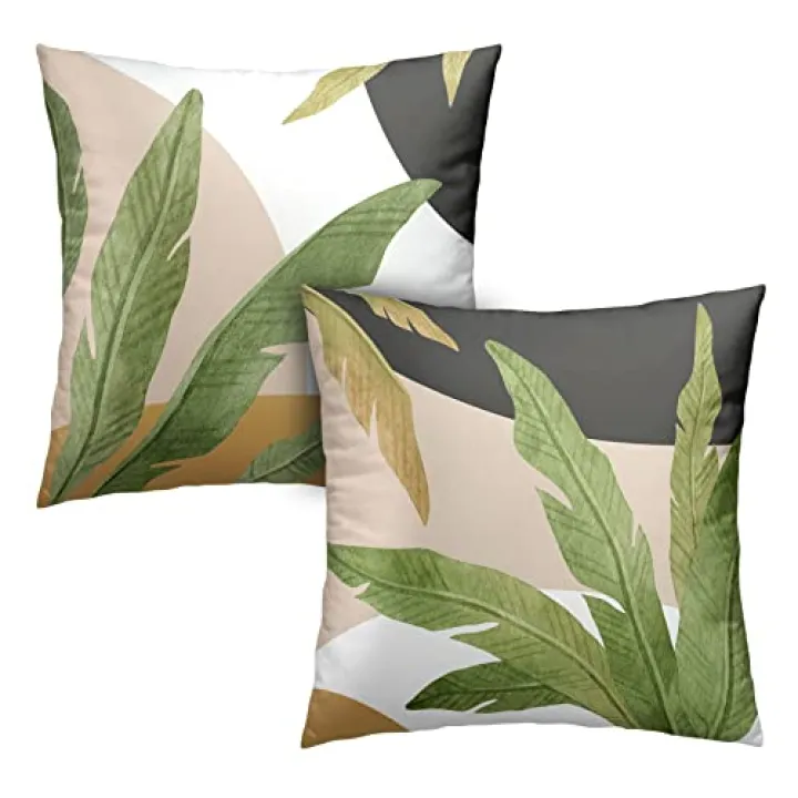 Kwlegh Green Leaves Spring Summer Throw Pillow Covers Geometric Palm Tree Pillow Covers 18x18 Set of 2 Modern Home Decor Room Tropical Outdoor Decorative Pillowcase for Sofa Bed Couch
