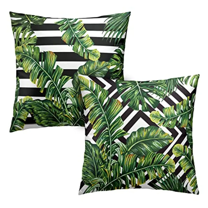 Kwlegh Tropical Green Leaves Throw Pillow Covers 18x18 Set of 2 Summer Palm Tree Pillow Cases Geometric Black and White Square Decorative Pillow Covers Modern Home Decor for Sofa Bed