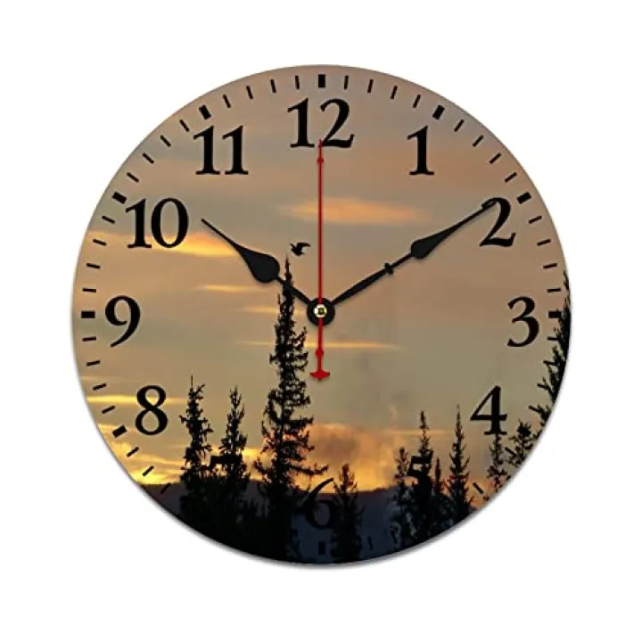 Misty Forest Wooden Wall Clocks Foggy Mountain Nature Woodland Magical Tree Home Decor Clock Battery Operated Silent Home Office School Decoration Arabic Numbers 16 Inch Round