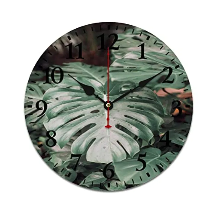 Clocks Tropical Monstera Leaves Round Desk Clock Battery Operated Silent Tropical Green Leaves Summer Leaf Hawaii California Tree Jungle Clock 16 Inch for Kids Room and Kitchen