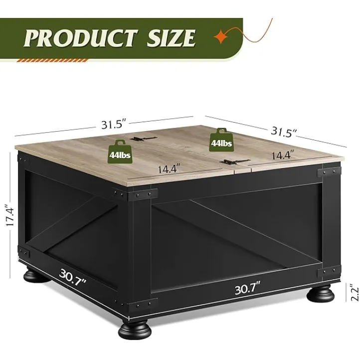 WLIVE Farmhouse Lift Top Coffee Table, 31.5" Square Wood Center Table with Flip-Top Lids and Large Hidden Storage Compartment for Living Room, Bedroom, Black