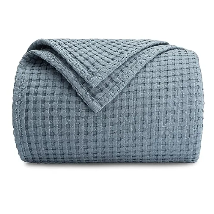 Comfy Cubs Waffle Blanket King, 108" x 90" - 100% Cotton Lightweight Breathable Bed Blanket - Soft Textured Thermal Weave for All Seasons – Decorative Cozy Layer for Couch, Sofa, or Bed - Pacific Blue