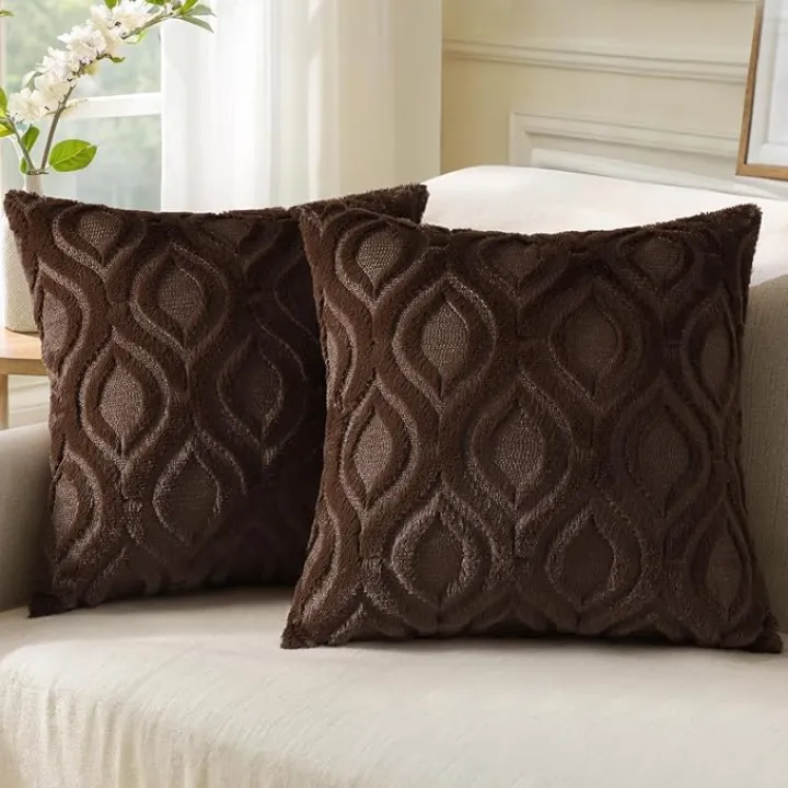 decorUhome Throw Pillow Covers 26x26 Inch Set of 2, Soft Plush Faux Wool Brown Solid Couch Pillow Covers, Accent Farmhouse Neutral Square Pillow Cases for Sofa Bed Living Room Home Decor