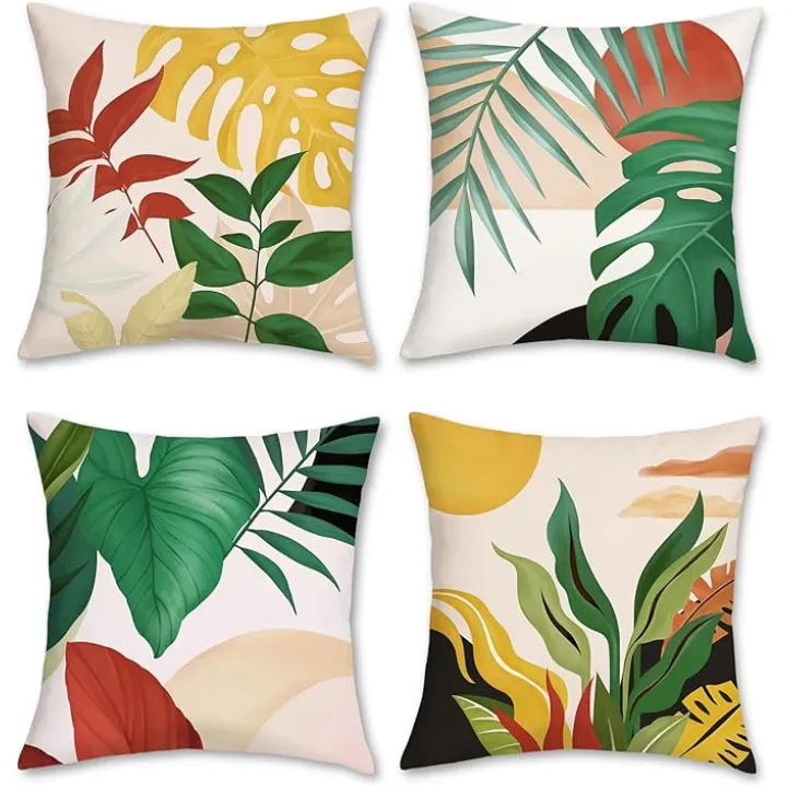 Bonhause Tropical Leaves Throw Pillow Covers 18x18 Set of 4 Summer Palm Leaf Sunset Decorative Pillows Case Soft Velvet Cushion Covers for Outdoor Couch Sofa Patio Decor