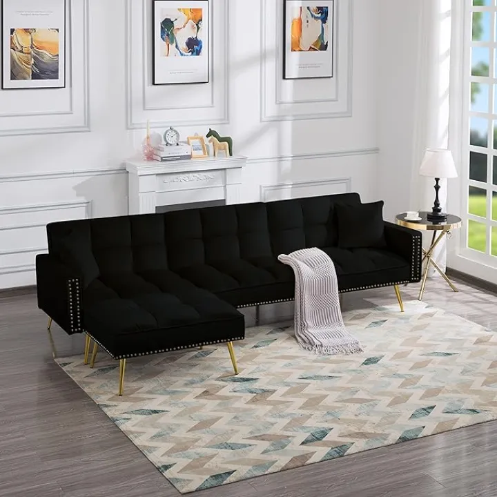ERYE L-Shaped Futon Tufted Sofa&Couch Corner Sectional Sofa Convertible Sleeper Couch Bed with Reversible Chaise Lounge,Pillows,Movable Ottoman & Nailhead Decor for Living Room