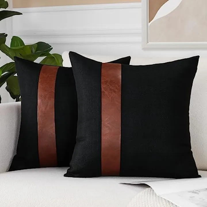OTOSTAR Set of 2 Linen Patchwork Faux Leather Throw Pillow Covers 18x18 Inch Farmhouse Decor Stripe Patchwork Modern Pillow Covers for Couch Living Room Bedroom Decor (Black B)