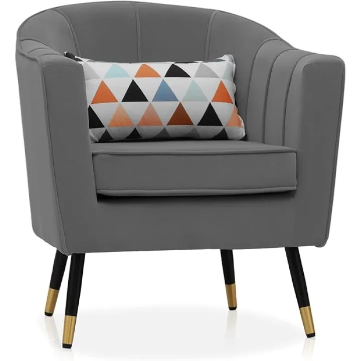 MoNiBloom Accent Reading Chair Living Room Armchair Single Sofa with Gold Metal Legs, Dining Room Bedroom Arm Chair for Adult, Wide Armrest Durable Upholstered Comfy Barrel Chair Club Chair, Grey