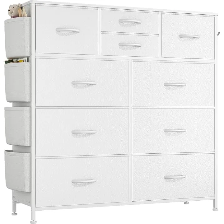 White Dresser for Bedroom, Bedroom Dressers & Chests of Drawer, White Closet Fabric Dressers, 10 Drawers Dresser w/Side Pockets, Hooks, Dresser Storage Organizer for Hallway, Entryway, Kids Room