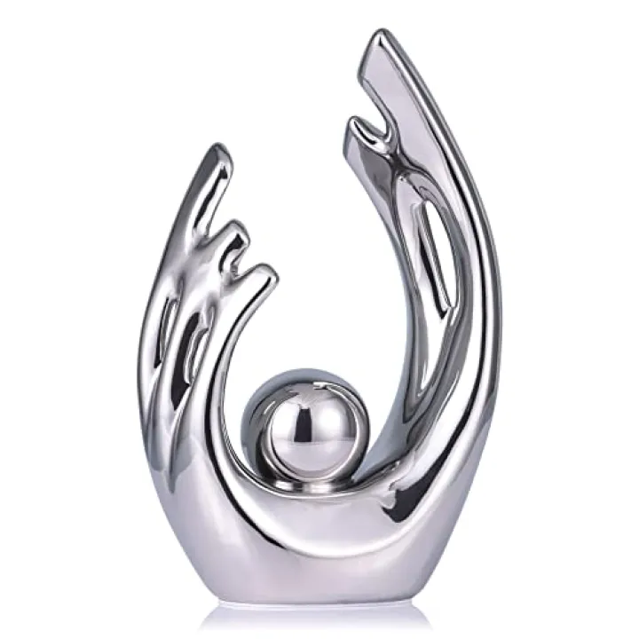 LCCCK 9.5" H Silver Aesthetic Room Decor Accent, TV Stand Funky Table Centerpiece, Abstract Art Ceramic Statue and Sculpture, Silver Decor for Living Room, Bookshelf Decorative Objects, Shelf