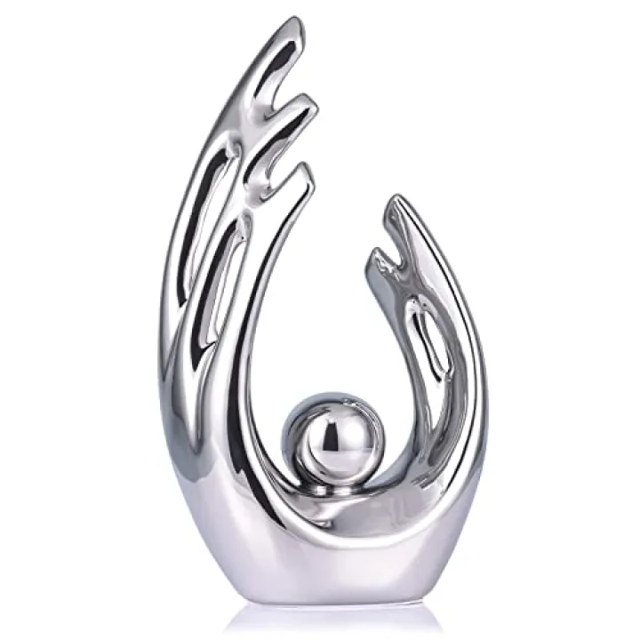 LCCCK 12" H Silver Aesthetic Room Decor Accent, TV Stand Funky Table Centerpiece, Abstract Art Ceramic Statue and Sculpture, Silver Decor for Living Room, Bookshelf Decorative Objects, Shelf Decor
