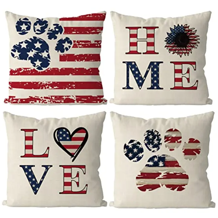 GAGEC 4th of July Pillow Covers 20x20 Inch American Flag Funny Paws Patriotic Pillows Independence Day Pillowcase Decor for Sofa
