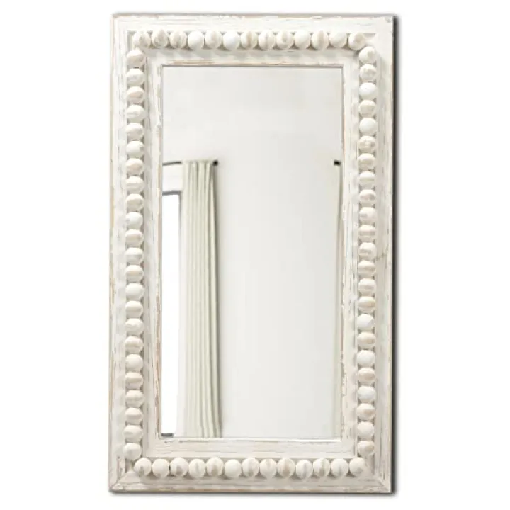 Sintosin Farmhouse Mirrors for Wall Decor with Beaded Border 24 Inches, Hanging Distressed White Bathroom Mirrors for Vanity, Rustic Wood Framed Rectangular Wall Mirrors Decorative