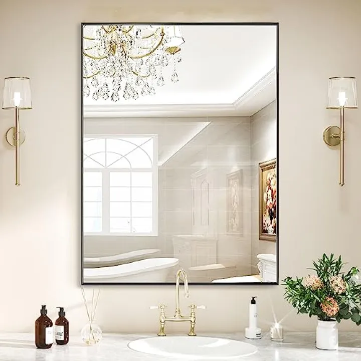 LEDLUX 24x30 Inch Black Bathroom Mirror, Copper-Free Mirror, Aluminum Alloy Frame Vanity Mirror, Rectangle Wall Mounted Mirror, Modern Mirror for Bedroom/Living Room/Porch Horizontal or Vertical