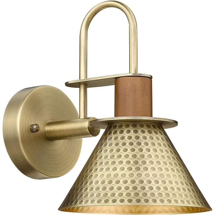 Antique Brass Wall Sconce, HWH Gooseneck Barn Wall Light Fixtures, 1-Light Single Wall Vanity Light, Farmhouse Wall Lamp for Bedroom Bedside Kitchen Hallway, Hammered Metal Shade, 5HZG74B-L BG