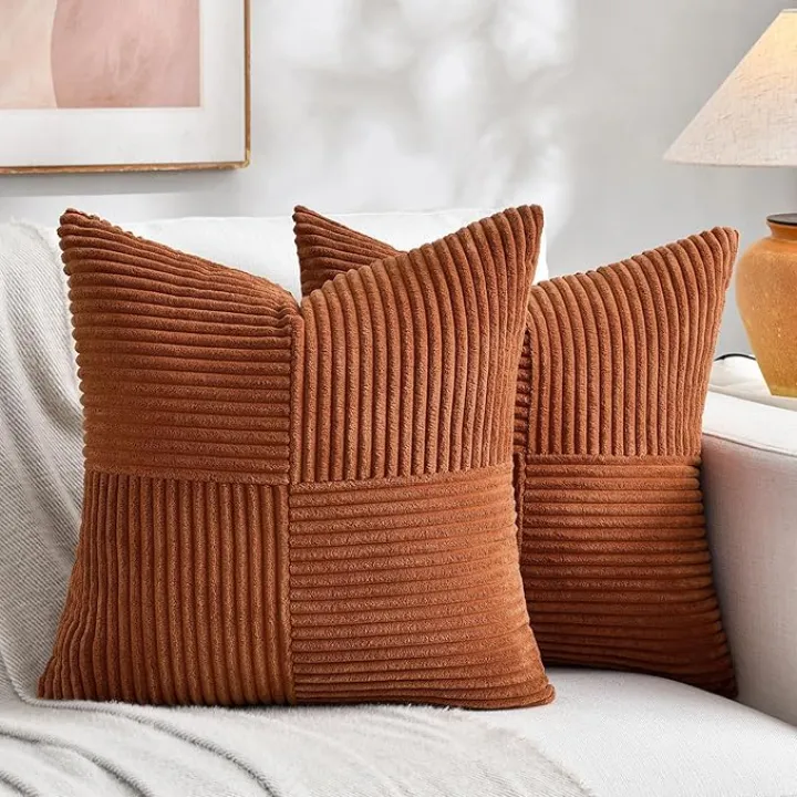 Fancy Homi 2 Packs Rust Decorative Throw Pillow Covers 20x20 Inch for Living Room Couch, Rustic Farmhouse Boho Home Decor, Soft Corss Corduroy Patchwork Accent Terracotta Square Cushion Case 50x50 cm