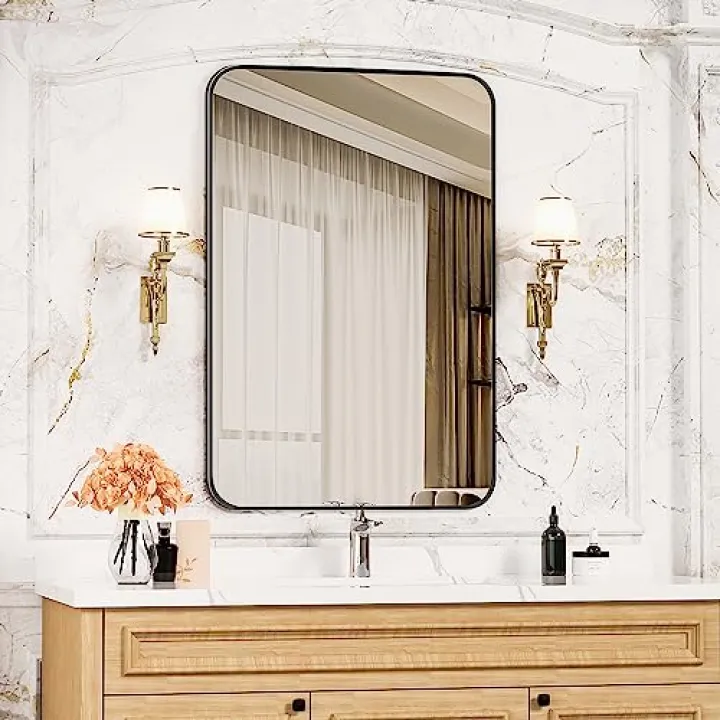 Antok Black Matte Rectangle Bathroom Mirror - 24x36 Inch Metal Framed Wall Mounted Vanity Farmhous Mirror with Rounded Corners for Bathroom, Living Room, Entryway - Hangs Horizontal or Vertical