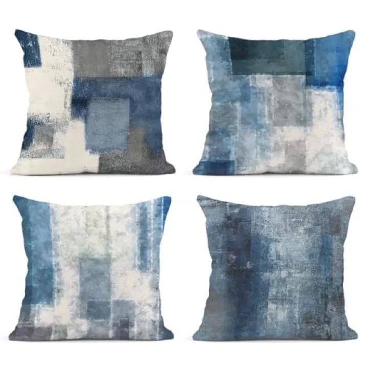 Emvency Set of 4 Throw Pillow Covers Blue and Grey White Modern Abstract Artwork Contemporary Decorative Gray Cushion Sofa Bedroom Car Decor Pillow Cases Home Square 16x16 Inches Pillowcases