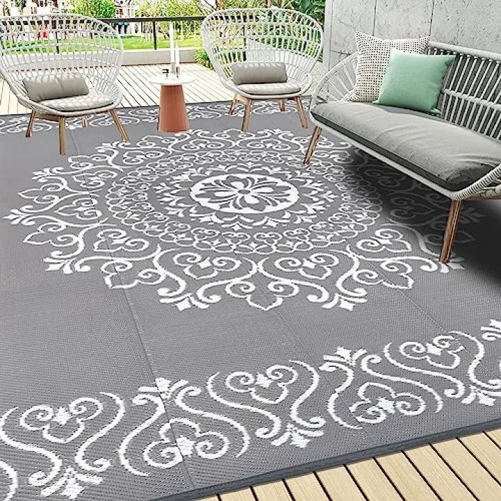 Pauwer Waterproof Outdoor Rug 9x12, Reversible Plastic Straw Patio Camping Rug, Indoor Outdoor RV Mat Carpet for Deck, Camper, Porch, Balcony, Backyard, Picnic, Floral Grey