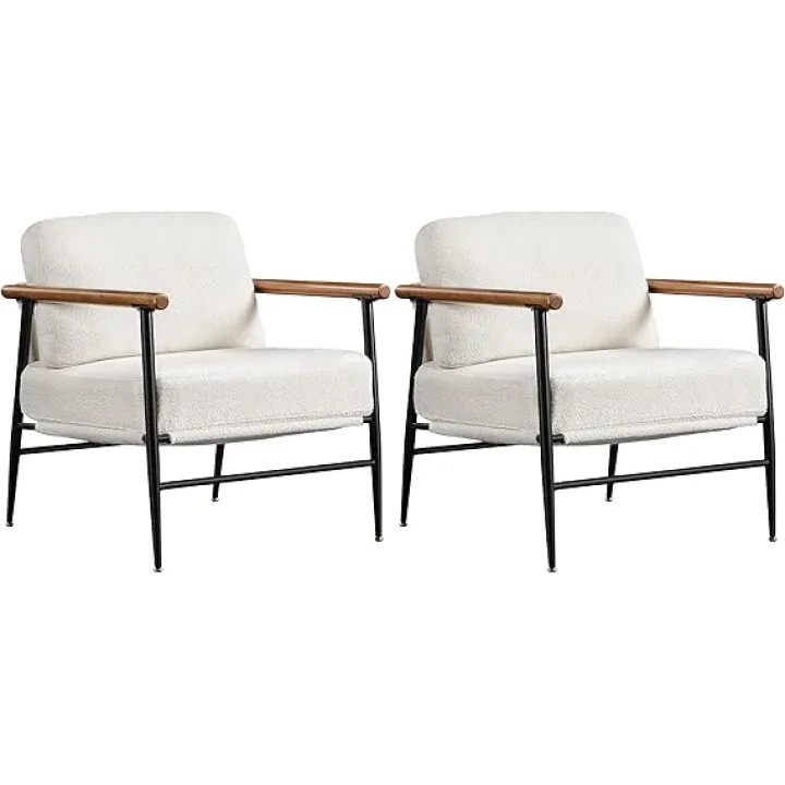 Yaheetech Accent Chair, Modern Vanity Chair, Boucle Fabric Lounge Chair with Metal Frame, Plush Back Pillow and Seat Cushion Pocket Coil Seat for Living Room Bedroom Makeup Room, Ivory, 2pcs