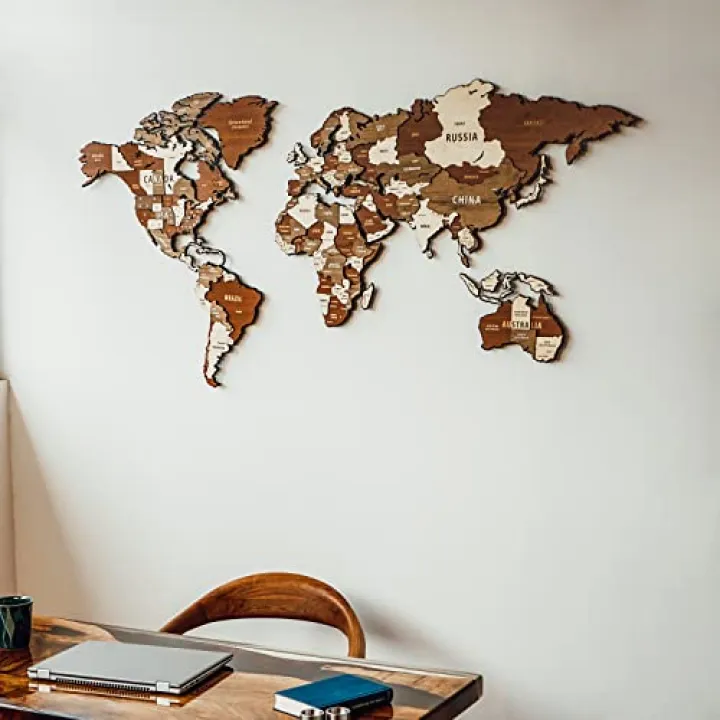 Colorfull Worlds Assembled 3D Wooden and Metal World Map, Multilayered Wooden Map on Metal Base, Wood Wall Art Map For Home & Kitchen or Office (Large)