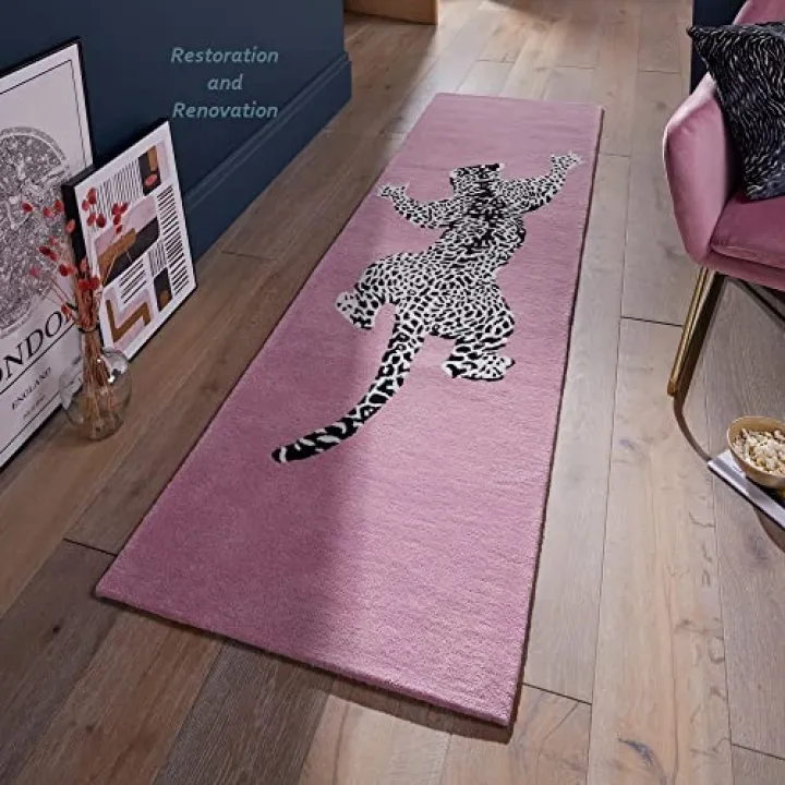 Restoration and Renovation Modern Handmade Climbing Jaguar Wool Area Rug | Animal Print Wool Rug for Living Room, Bedroom or Home Decor (Pink, 2.6' x 8')