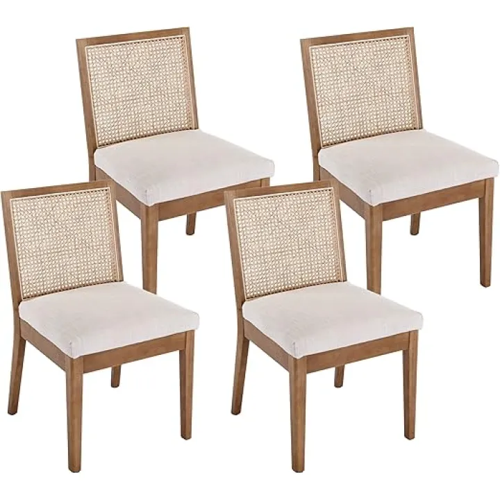 VESCASA Upholstered Dining Chairs with Square Rattan Back, Armless Padded Linen Cushion Dining Chairs with Wood Legs for Dining Room, Kitchen, Set of 4, Natural Frame