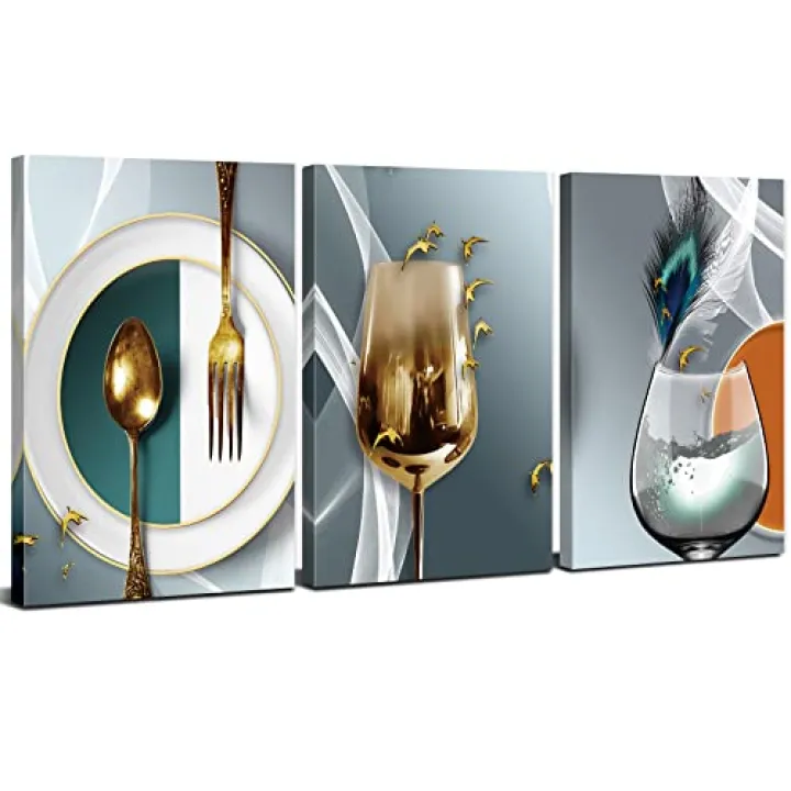 AIYISU 3 Piece Kitchen Wall Art Wine Glass Pictures for Dining Room Wall Decor Teal Gray Gold Wine Cups Paintings Abstract Geometric Kitchenware Modern Art Wall Decor Family Artwork Decoration 16x24