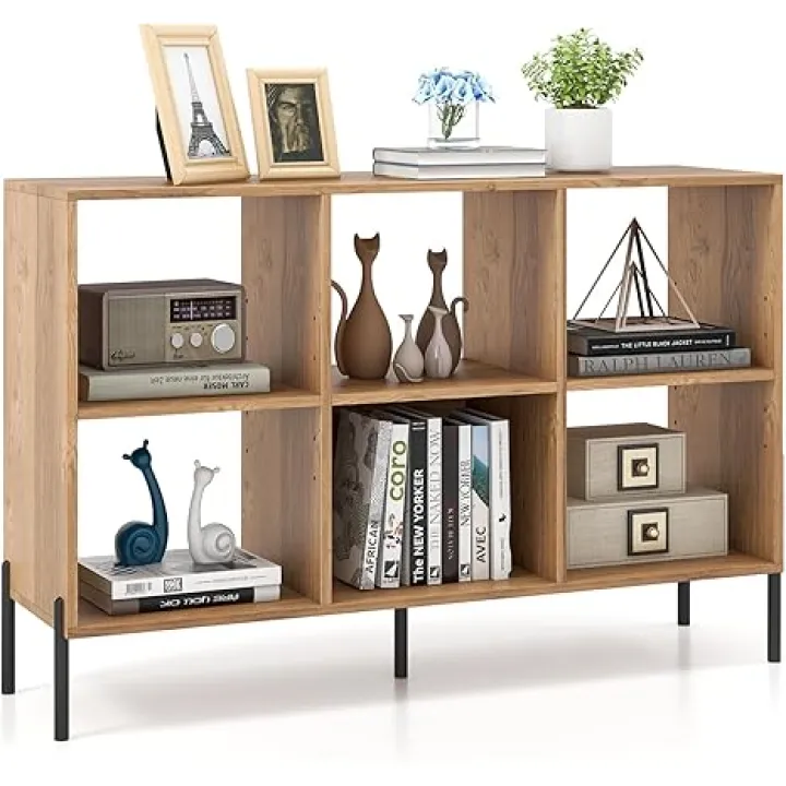 Tangkula 6 Cube Low Bookshelf, 2-Tier Short Wood Storage Open Bookcase with Elevated Metal Legs, 5-Position Adjustable Shelf, Anti-toppling Device, Freestanding Organizer for Home Office (Natural)