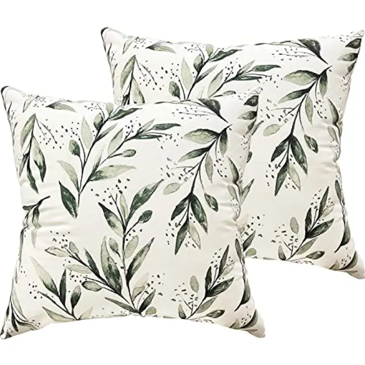 Hunpas Olive Leaf Pillow Covers 18"x18" Set of 2, Square Plush Decorative White and Green Throw Pillows Covers, Modern Outdoor Pillow Covers for Home, Sofa, Western Couch, Living Room