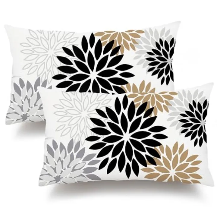 DFXSZ Black Brown Pillow Covers 12x20 Inch Set of 2 White Gray Flower Throw Pillows Farmhouse Outdoor Modern Floral Linen Square Cushion Case Decor for Living Room Sofa Patio Funiture Garden 002B12