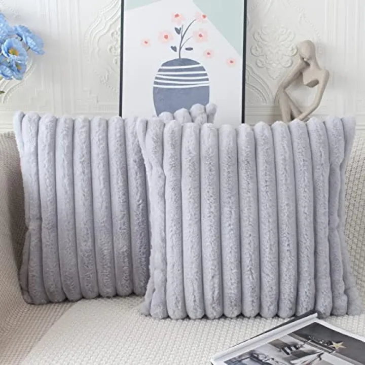NIULAA Faux Fur Plush Throw Pillow Covers 18x18 Silver Gray Set of 2 Luxury Soft Fluffy Striped Decorative Pillowcases for Sofa Couch Living Room
