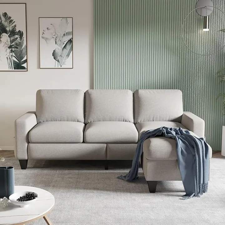 Convertible Sectional Sofa L-Shaped Couch, Beige Couches for Living Room with Reversible Chaise, 3-Seat Modern Linen Sectional Couches for Living Room/Apartment/Office/Small Space