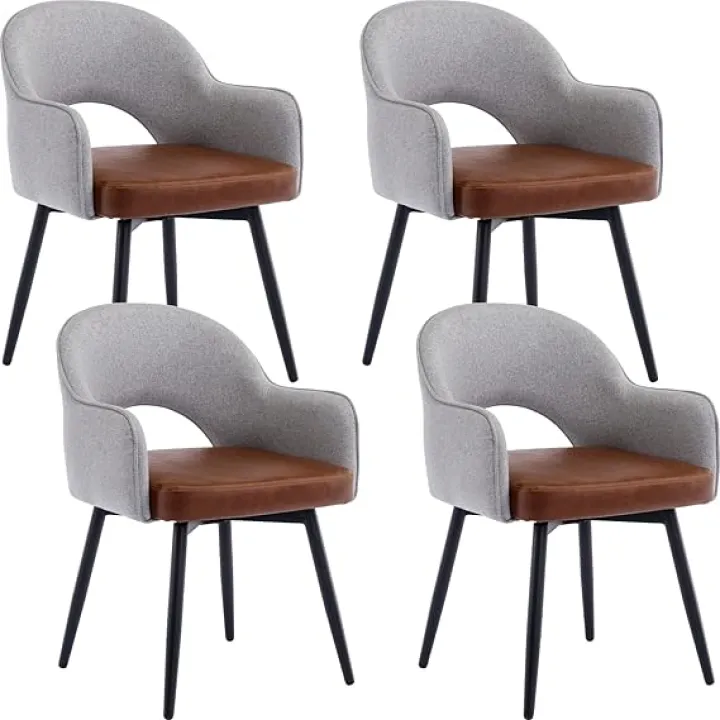 Modern Swivel Dining Chairs Set of 4, Comfy Upholstered Side Chair Linen Fabric with Hollow Backrest Black Metal Legs for Dining Room Living Room, Light Grey