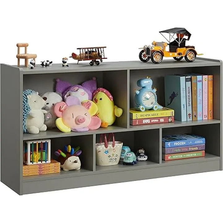 Kids Toy Storage Organizer, 5-Section Storage Cabinet for Organizing Books Toys, Wooden Bookshelf Daycare Furniture for School, Classroom Playroom, Nursery, Kindergarten (Gray)