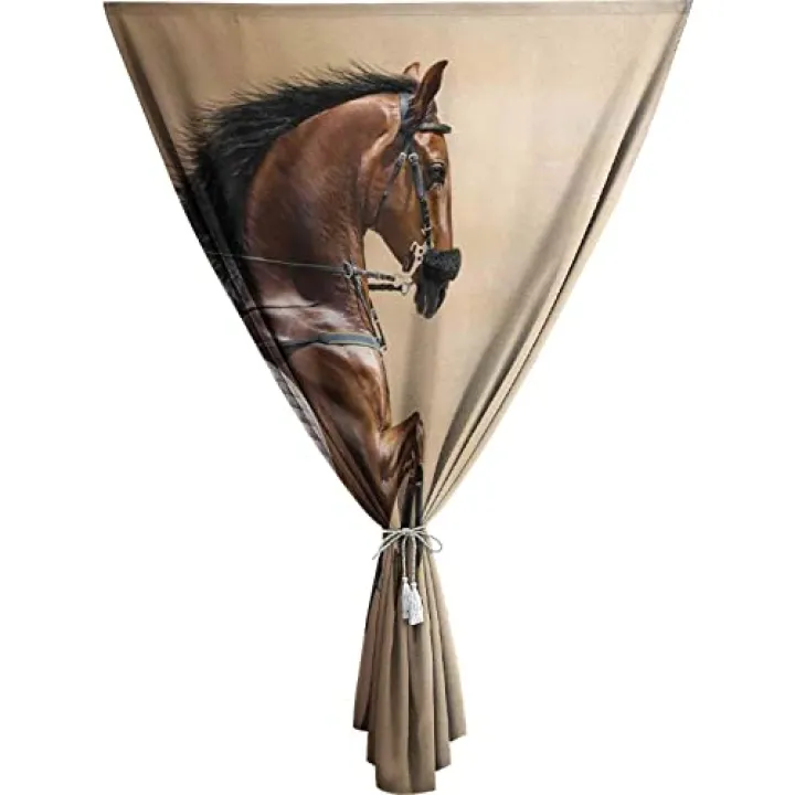 Self Adhesive Portable Blackout Curtains, Horses Room Darkening Curtains, Chestnut Color Horse Jumping in Hackamore Print Temporary Blackout Blinds,35W x54L Inch, for Bathroom Living Room Bedroom