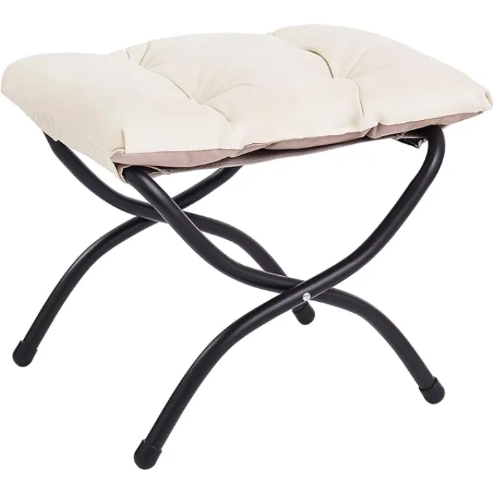 LITA Folding Upholstered Footrest Stool, Modern Small Portable Accent Ottoman with Detachable Thick Cotton Cushion Padded Sofa Stool with Metal Frame for Lazy Chair, Living Room & Bedroom, Beige