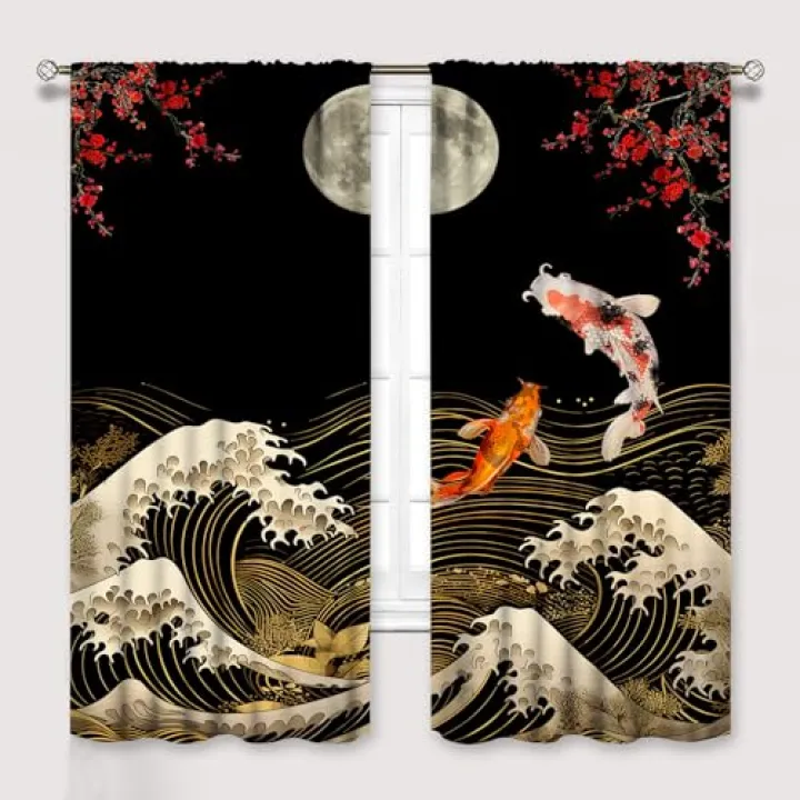Koi Fish Curtains for Bedroom, Japanese Style Yin Yang Big Wave Cherry Blossom Window Treatments for Living Room, Oriental Koi Fish Carp Drape 2 Panel Sets42x45 Inch