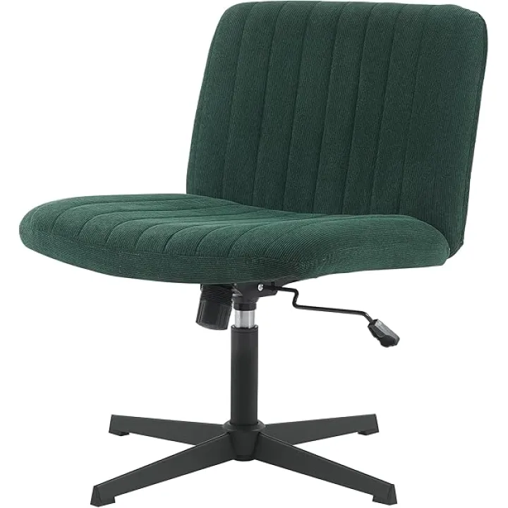 Armless Desk Chair No Wheels Wide Velvet Upholstered Office Chair Swivel Criss Cross Legs Large Seat Adjustable Height Accent Chair for Adults Dark Green