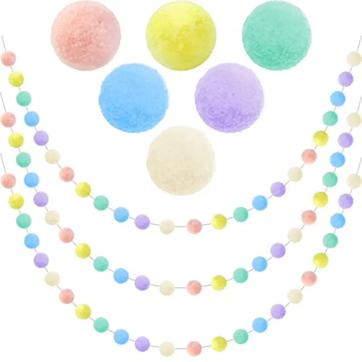 3pk Pastel Pom Pom Garland Easter Decorations Spring Home Decor Indoor Living Room Wall Classroom Xmas Tree, Cute Hanging Rainbow Colorful Felt Ball Garland Baby Shower Wedding Birthday Party Supplies
