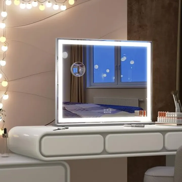 BEAUTME Vanity Mirror with Lights, Hollywood Lighted Makeup Mirror for Dressing Room & Bedroom, Slim Aluminium Frame Design(Silver,28.3" x 22.2")