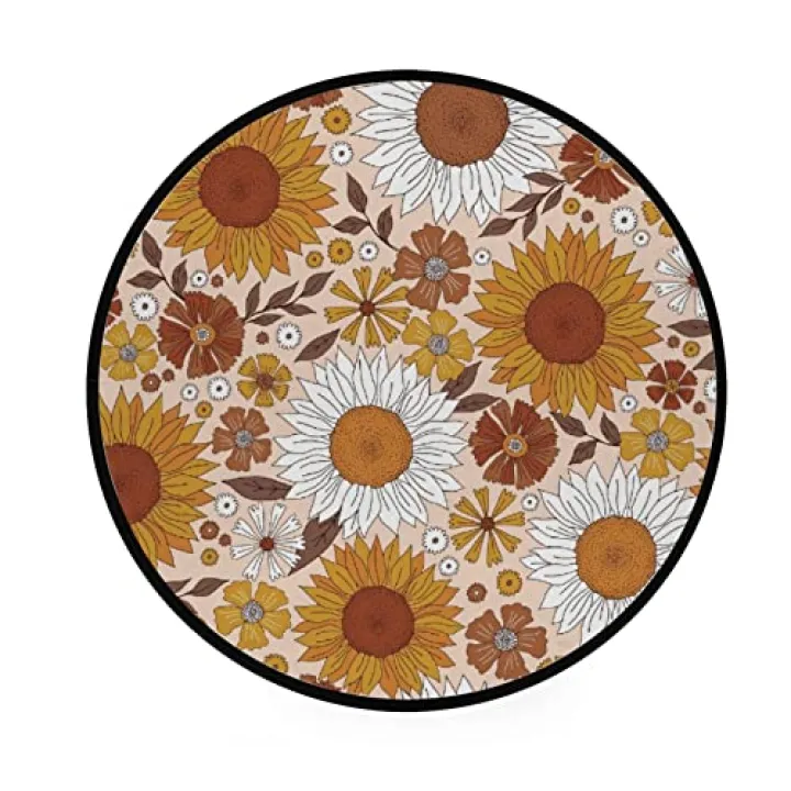 Round Rug Nursery Area Rugs Boho Sunflower Daisy Autumn Play Room Mat Non-Slip Floor Mats Soft Absorbent Carpet for Living Room Bedroom Kitchen Children Polyester 3Ft