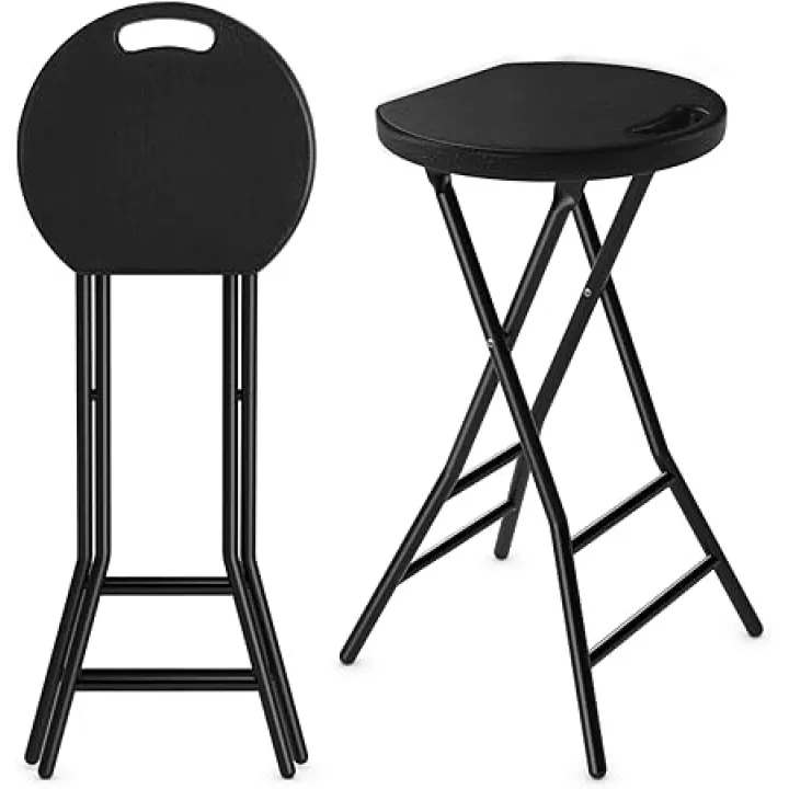 5Rcom Folding Stool,2 Pack 24 inch Tall Folding Bar Stool with Handle, Metal and Plastic Foldable Stool for Adults with Steel Frame Legs, 550lbs Capacity, Black