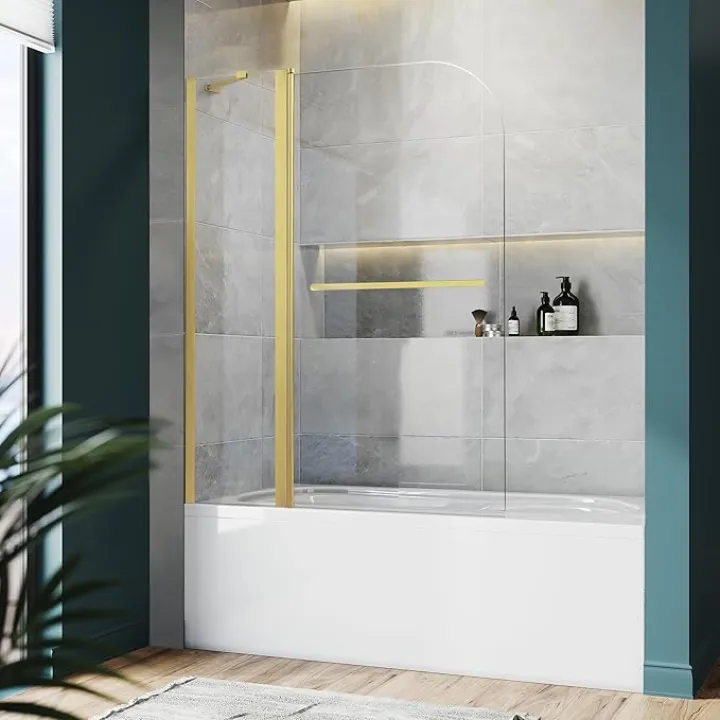 Bathroom Shower Glass Door, Tub Shower Glass Door 43”*58” Screen Panel Tempered Glass, Frameless Pivot Shower Door Brushed Gold with Handle