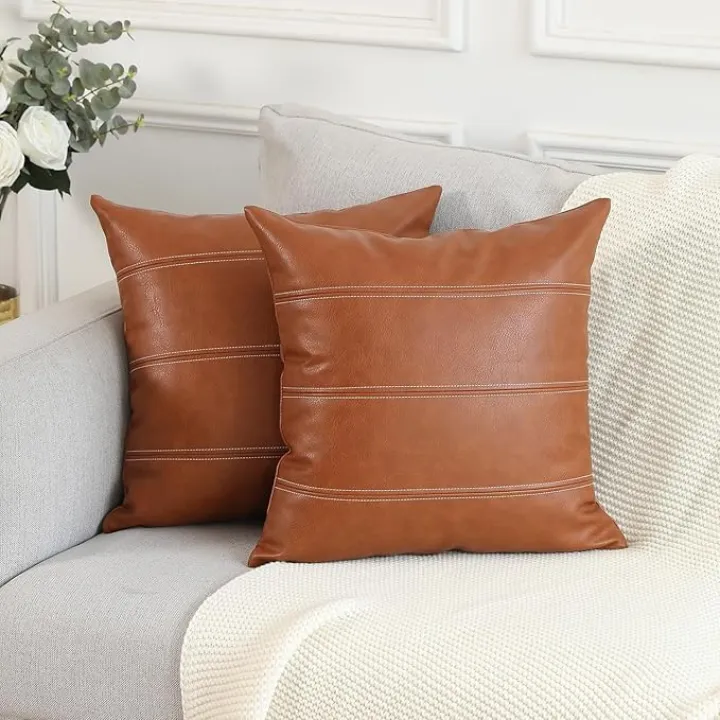 MANDIOO Set of 2 Boho Striped Faux Leather Throw Pillow Covers 20x20 Inch Modern Luxury Square Decorative Cushion Cases for Living Room Bedroom Sofa Couch Brown