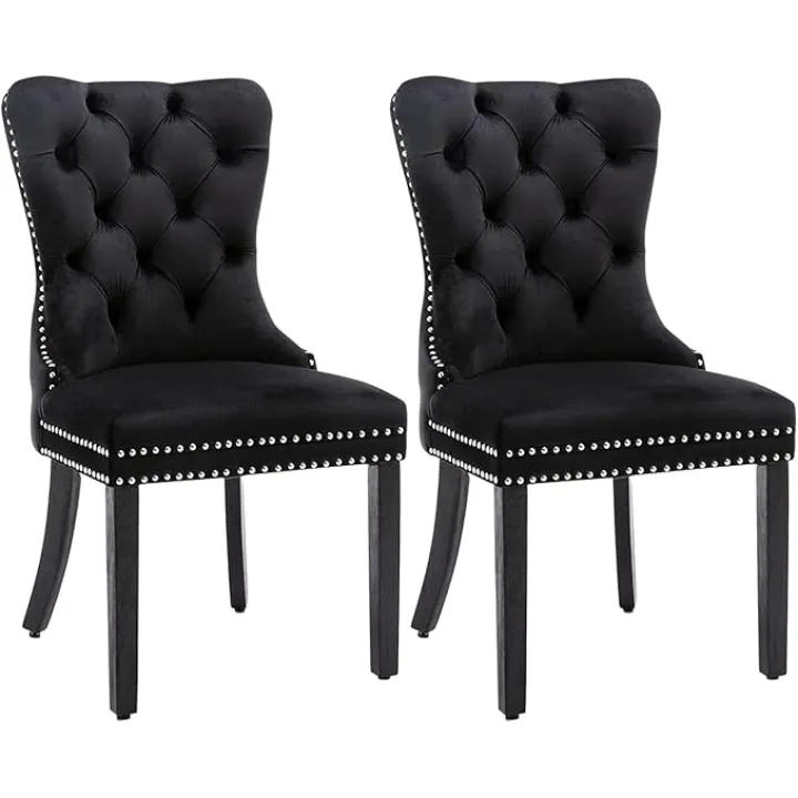 Velvet Dining Chairs Set of 2, Tufted Dining Room Chairs with Nailhead Ring Pull Trim, Upholstered Dining Chairs with Solid Wood Legs for Kitchen Dining Room (Black)